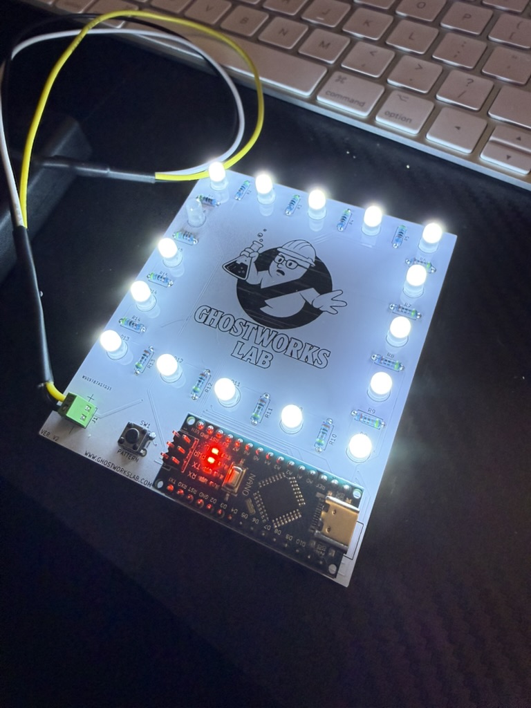 White Pocket Gizmo board with white LEDs lit
